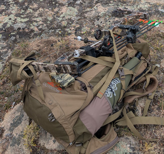 Backpack, bow, elk grunt tube